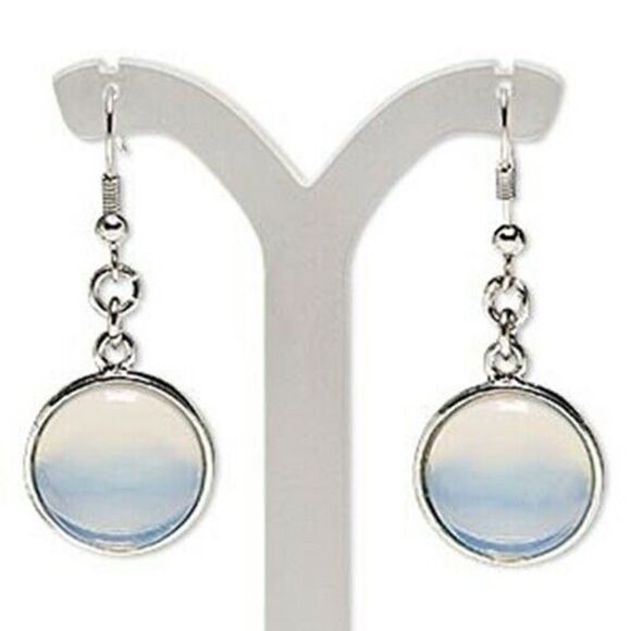 Handcrafted Translucent Opalite Gemstone Cabochon Silver Dangle Earrings - Picture 1 of 1